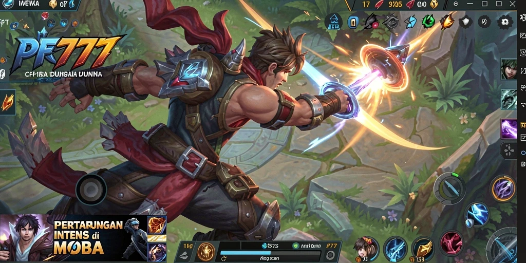 Tangkapan layar utama PF777 menampilkan aksi pertarungan hero MOBA yang mendebarkan.